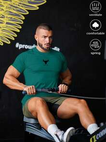 GymBeat 男士舒適短袖運動壓縮T恤健身上衣籃球球衣「我愛我的男朋友」圖案款，健身房、度假適用 - 橄欖綠 - 查看 4
