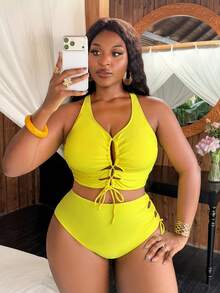 Slaydiva Conjunto de bikini 2026 de verano nuevo con cordones amarillos y escote halter | Bottom con recortes fruncidos y lazos | Bottom de talle alto | Traje de baño para vacaciones en la playa, talla grande - Amarillo - Ver 3