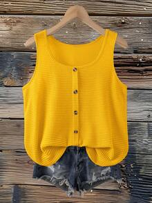 SHEIN VCAY Plus Size Women Summer Apricot Striped Button Decor Sleeveless Camisole - Yellow - View 1
