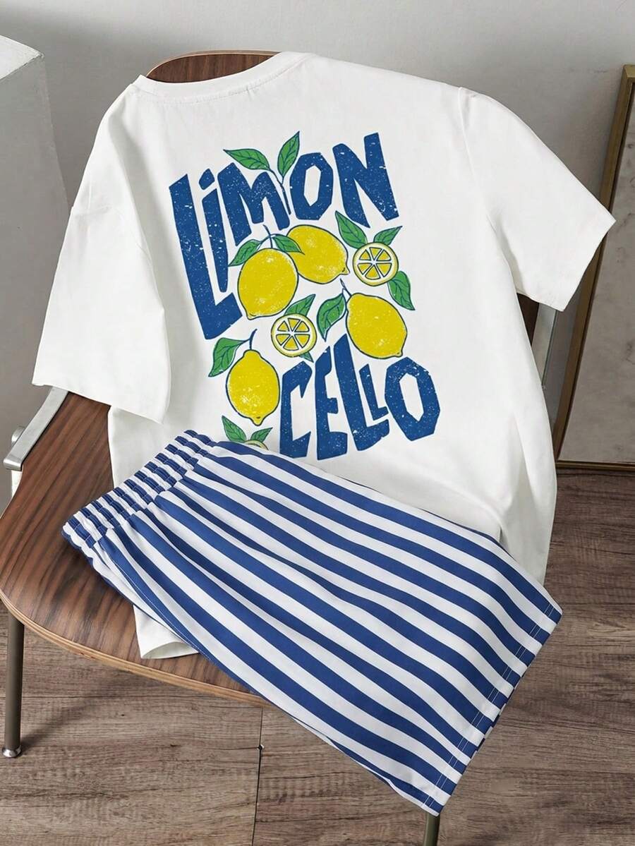 Manfinity Joysei Men's Casual Lemon Print T-Shirt Set, 2 Piece Outfit, Suitable For Summer Outing And Vacation - White - View 1