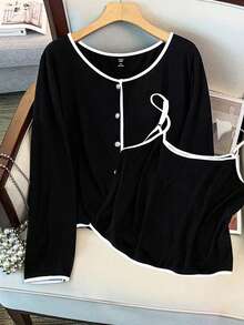 SHEIN CURVE+ Setelan 2 Potong Wanita Ukuran Besar: Atasan Lengan Panjang Berkancing dan Rompi Kamisol, Kasual - Hitam dan Putih - View 4