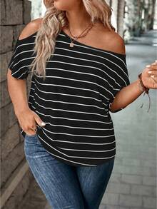 Selamara Plus Size White Striped Casual Versatile Loose Fit Asymmetrical Shoulder Short Sleeve T-Shirt - Multicolor - View 4