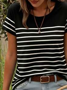 EMERY ROSE Plus-Size Women's Casual Striped Crew Neck Short-Sleeved T-Shirt, Summer - Multicolor - View 3