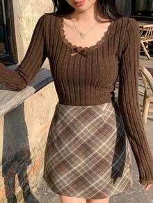 Dazy Women Solid Color Round Neck Long Sleeve T-Shirt, Autumn - Coffee Brown - View 1