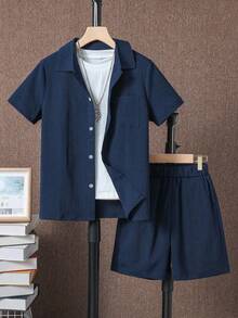 SHEIN Tween Boy Solid Button Front Shirt & Shorts Without Tee, School, Campus, College Summer Holiday - Navy Blue - View 4