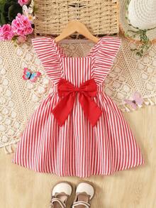 SHEIN Pink & White Striped Floral Print Bow Ruffle Trim Short Sleeve Casual Dress, Fashionable Baby Daily Wear Dress, Spring/Summer Holiday Style - Red - View 6