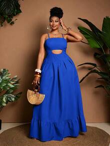 Maweii Plus Size Women Vacation Solid Color Hollow Out Sexy Spaghetti Strap Dress - Royal Blue - View 1
