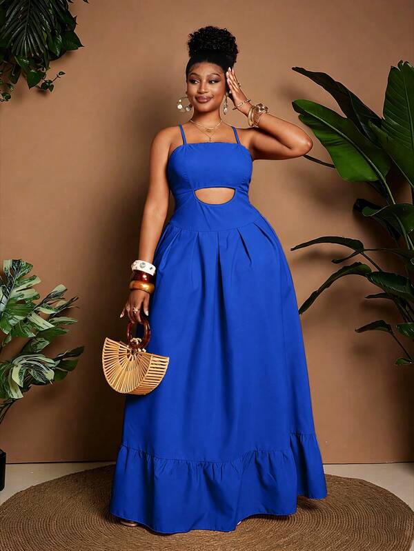 Maweii Plus Size Women Vacation Solid Color Hollow Out Sexy Spaghetti Strap Dress