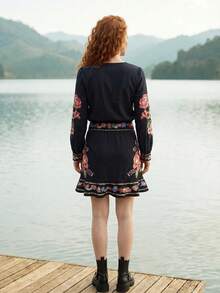 CAJUNI Váy ngắn dễ thương phong cách Boho, họa tiết hoa, thích hợp cho kỳ nghỉ nhiệt đới. - màu đen - Xem 2