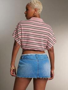 Denimoi Polo de cuello con cintura ceñida a rayas, top de moda con cuello - Rosa - Ver 2