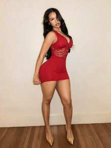 BamGleam 女款對比蕾絲性感迷你洋裝，夏季 - 紅色 - 查看 6