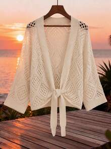 SHEIN Holidaya Trang phục mùa hè mới cho nữ, Áo khoác cardigan dệt kim màu trắng ngà dành cho nữ - Cổ chữ V, tay lỡ 3/4, họa tiết lỗ hình thoi, thắt eo kiểu buộc dây, nét quyến rũ lãng mạn phong cách boho và kiểu áo khoác ngoài thường ngày. - Màu be - Xem 9