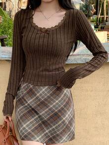 Dazy Women Solid Color Round Neck Long Sleeve T-Shirt, Autumn - Coffee Brown - View 5