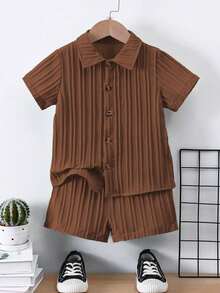 SHEIN Explorewe Áo thun tay ngắn cài nút phía trước cho bé trai và quần short trang phục thường ngày mùa hè - màu nâu - Xem 3