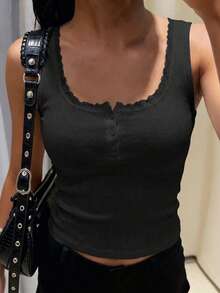 Almamuse Áo tank top nữ màu hồng nhạt thanh lịch, viền ren, dáng ôm, cài 3 nút, thích hợp mặc hàng ngày/đi học/nghỉ hè. Áo đen mùa hè, áo đen ôm dáng, áo corset nữ, áo đen gợi cảm, áo đen dễ thương, áo đen thanh lịch cho nữ, áo hai dây cho nữ, áo nữ mùa hè. - màu đen - Xem 3