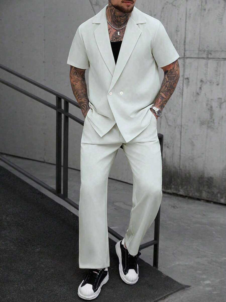 Manfinity CasualCool 男士休閒翻領短袖襯衫與長褲套裝,純色,春夏款,適合日常通勤與正式場合 - 淺灰色 - 查看 1