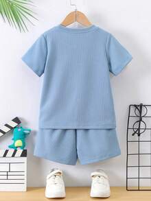 SHEIN Explorewe Young Boy Round Neck Solid Color Short Sleeve T-Shirt And Shorts Set, Summer, School, Campus, College - Blue - View 2