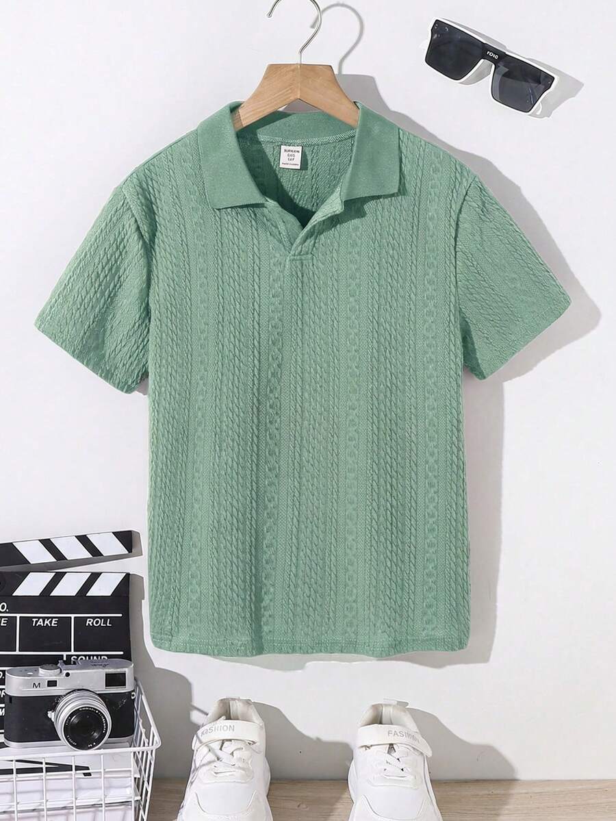 SHEIN Tween Boy Collared Solid Color Short Sleeve Polo Shirt - Dark Green - View 1