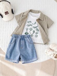3pcs Set Includes: Baby Boy Summer Casual Vacation Blue Striped Shirt, Shell Graphic White T-Shirt, Blue Denim Shorts Outfit, Summer Suit - Multicolor - View 4