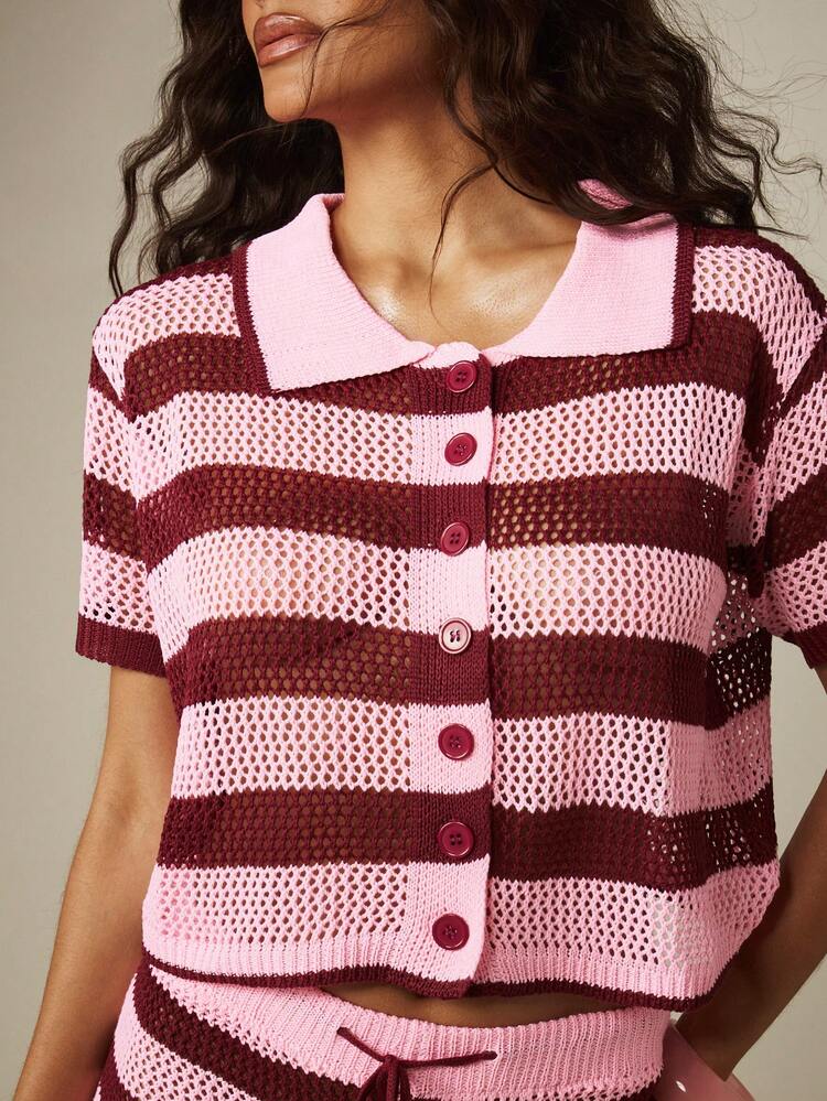 MISSGUIDED Women's Open Front Button Up Striped Knit Cardigan With Short Sleeves Perfect For Casual Spring Summer Layering