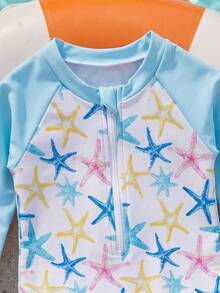 SHEIN Baby Girl Long Sleeve Starfish Print Raglan Sleeve One-Piece Swimsuit - Multicolor - View 3