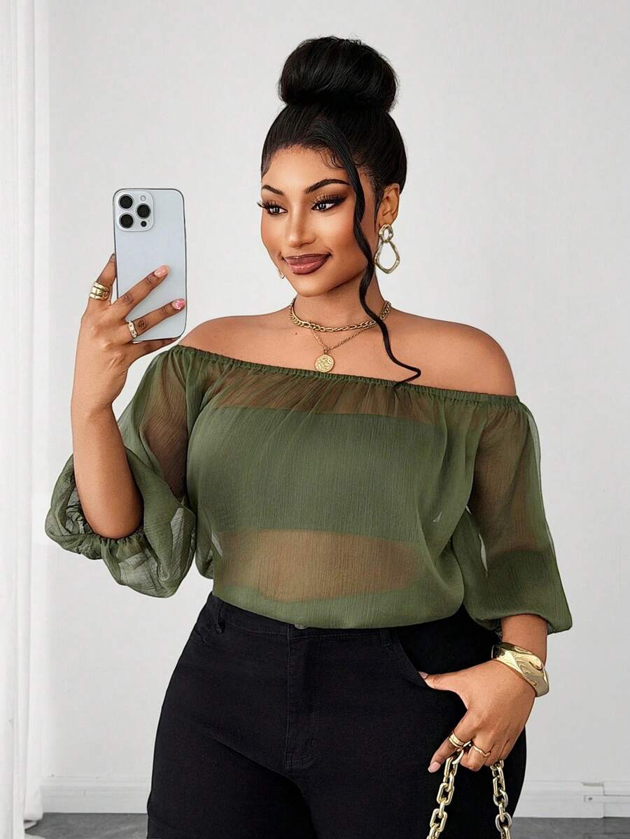 Maweii Damen Große Größen Lockere Bluse mit Off-Shoulder Design und Petal-Ärmeln Einfarbig - Olivgrün - Übersicht 1