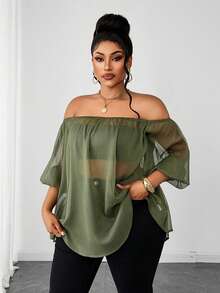 Maweii Damen Große Größen Lockere Bluse mit Off-Shoulder Design und Petal-Ärmeln Einfarbig - Olivgrün - Übersicht 6