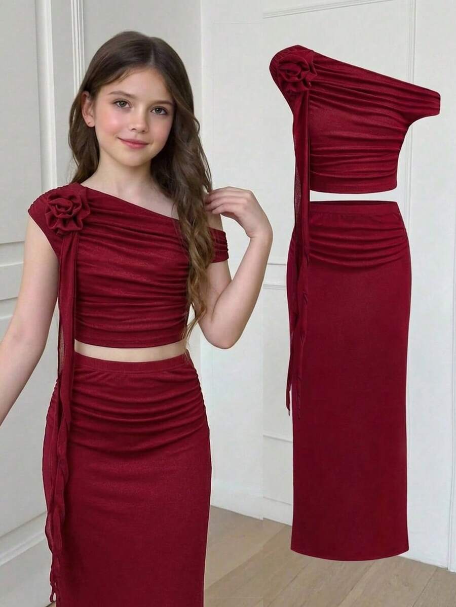 SHEIN Serisse Kids Tween女孩純色不對稱肩上衣與裙子針織套裝,時尚優雅 - 酒紅色 - 查看 1