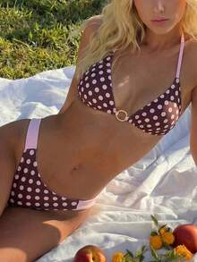 Swim Mod Women's 2pcs Polka Dot Random Print V-Neck Halter Tie Bikini Thong Swimwear Set, Summer Beach Party Pink And Brown Polka Dot Sexy - Multicolor - View 3