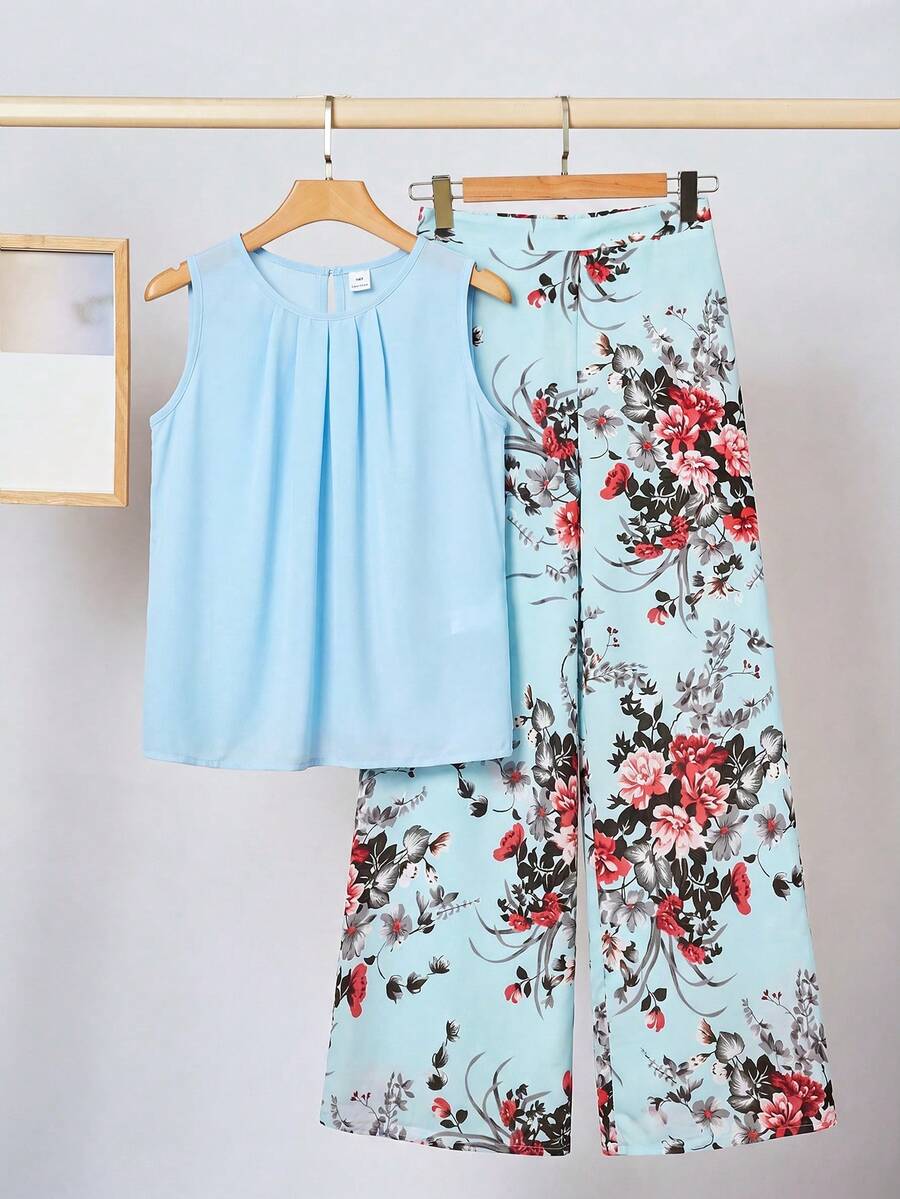 SHEIN Tween Girls Loose Round Neck Sleeveless Blue Floral Print Shirt And Wide Leg Pants 2 Pieces Vacation Set - Blue - View 1