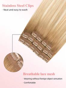 8Pcs 16 Clips Straight Clip In Human Hair Extensions T6-P8/613 Ombre Walnut Brown To Ash Brown And Bleach Blonde Real Remy Hair, 12-18 Inch Double Weft Invisible Design, Add Hair Volume & Enhance Hair Color, Natural Full Head Hairpieces For Women Use - ST6-P8/613 - View 4