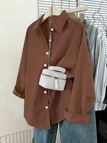 INAWLY Plus Size Women's Solid Color Long Sleeve Single-Breasted Casual/Work Shirt Fall - Coffee Brown - View 9