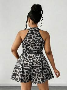 Maweii Macacão feminino plus size com estampa de leopardo e cintura torcida, sexy e casual. - Cinza - Ver 4