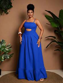 Maweii Plus Size Women Vacation Solid Color Hollow Out Sexy Spaghetti Strap Dress - Royal Blue - View 5
