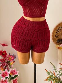 Soleia Bộ đồ cỡ lớn mới, áo thun cổ yếm và quần short dệt kim khoét lỗ họa tiết hoa vỏ sò, gồm 2 món. - Màu Đỏ Sâu - Xem 5