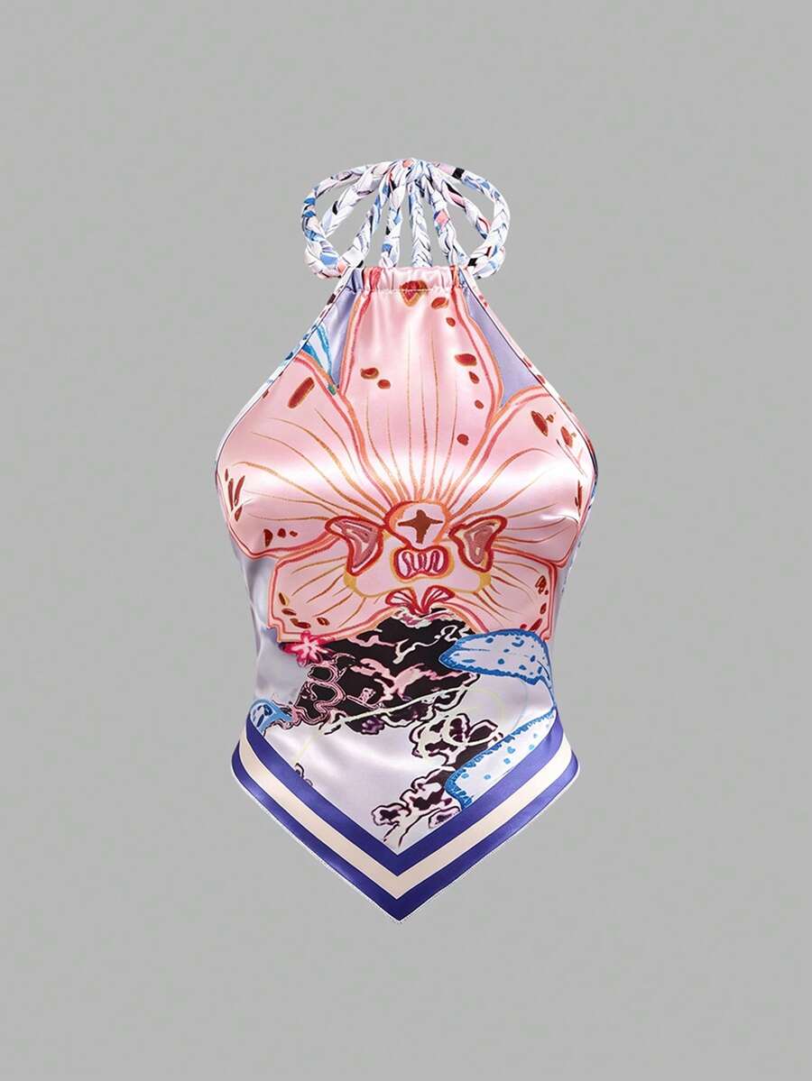 Sweetra 双面钩编吊带无袖印花背心,适合海滩度假 - 藍色 - 查看 1
