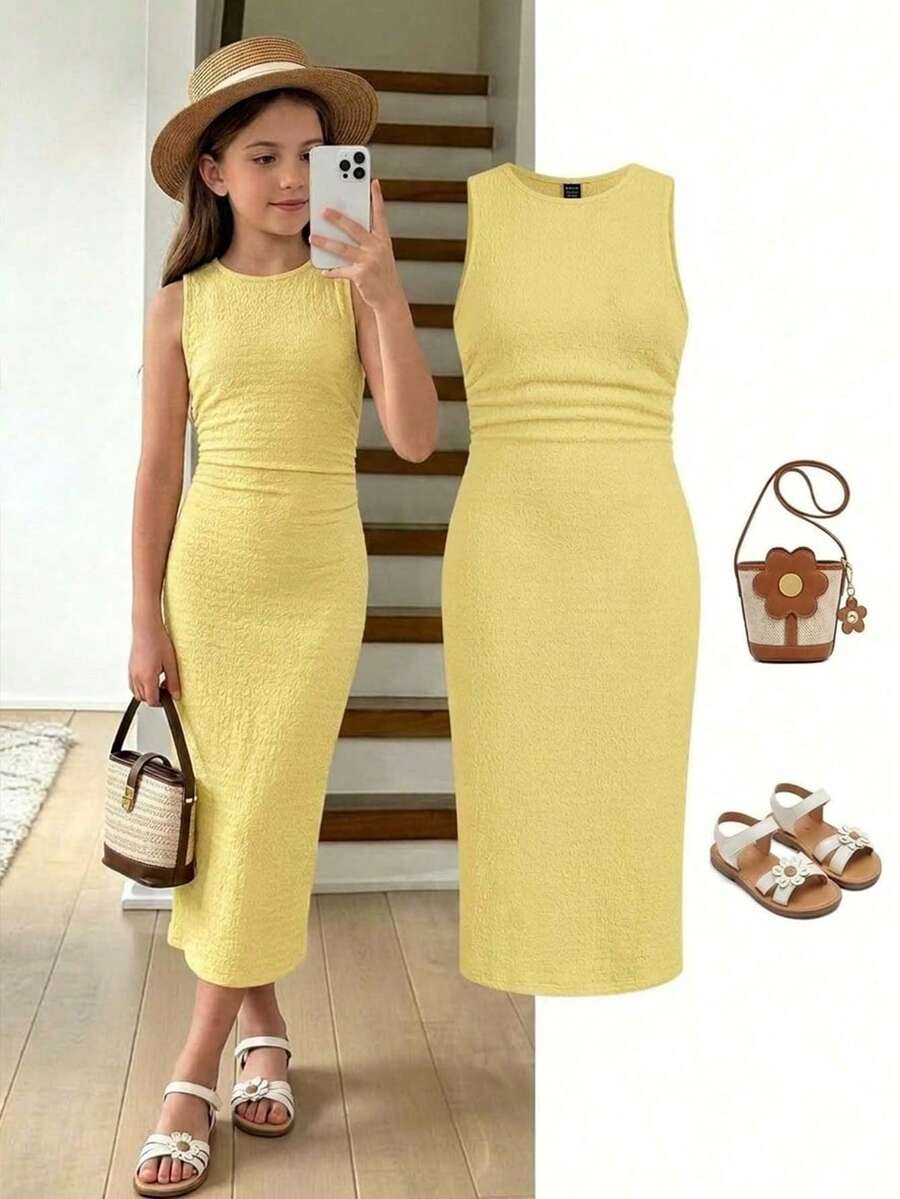 SHEIN Đầm đi nghỉ mát màu vàng, chất liệu vải có họa tiết, dáng ôm vừa vặn, thích hợp cho bé gái tuổi teen. - Màu vàng - Xem 1