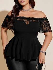 SHEIN CURVE+ 大尺碼性感蕾絲拼接露肩黑色修身女上衣 - 黑色 - 查看 5