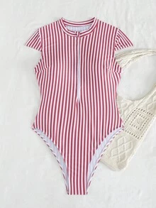 Swim SPRTY Áo tắm liền thân SPRTY mùa hè, họa tiết chấm bi, khóa kéo phía trước, dành cho nữ, thích hợp cho lướt sóng trên bãi biển. - Đỏ và trắng - Xem 6