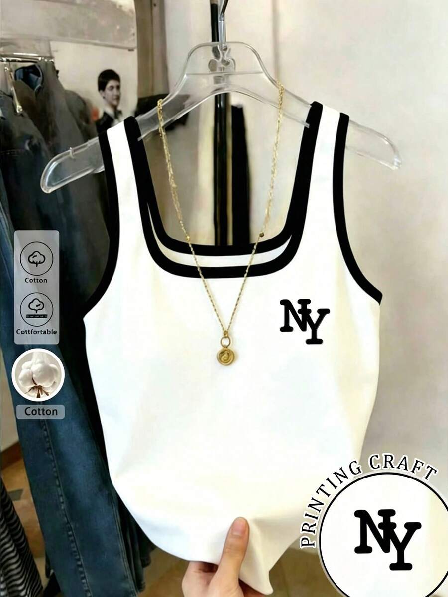Resyla Cotton Casual Sporty Slim-Fit NY Letter Print Contrast Color Tank Top For Women Back-To-School Gym Black And White Summer - Black and White - View 1