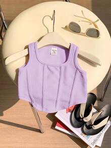 SHEIN 2件套女童休闲纯色无袖方领针织背心，夏季 - 彩色 - 查看 4
