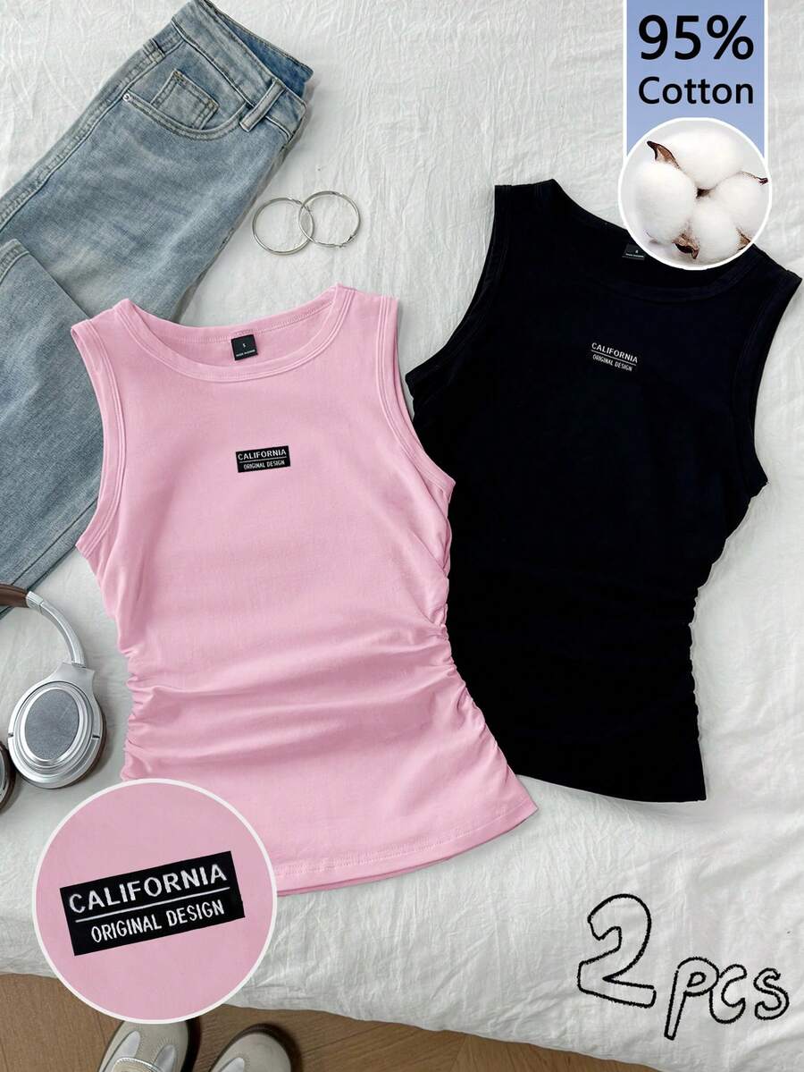 Tseoso 2pcs/Set Women Casual Minimalist Logo Embroidered Tight Fit Camisole, Suitable For Summer,Summer Top - Multicolor - View 1