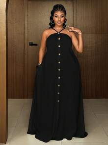 Maweii Vestido romántico de vacaciones con hombros descubiertos y decoración de botones para tallas grandes - Negro - Ver 6