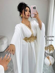 SHEIN Elenzya Đầm midi ôm dáng, thanh lịch, thắt eo, trang trí viền vàng dành cho nữ. - trắng - Xem 6