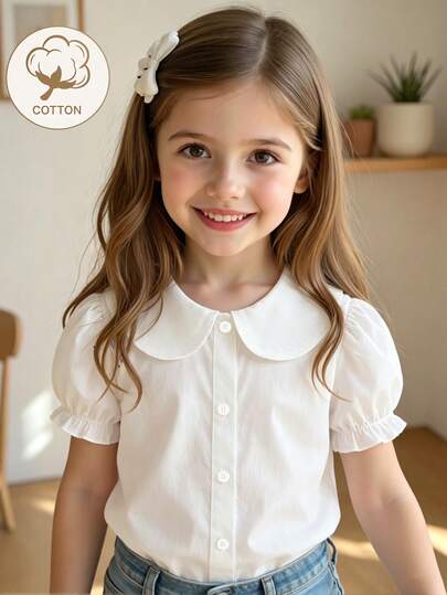 SHEIN Áo sơ mi cotton trắng cho bé gái, kiểu dáng cổ điển thời trang cho bé 4-7 tuổi, mùa hè, cổ Peter Pan tay phồng, kiểu dáng đi học, dự tiệc, tay ngắn đa năng