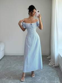 Elenzga Đầm hè mới dành cho nữ, kiểu Pháp thanh lịch với họa tiết hoa xếp ly ở gấu váy, phong cách tối giản, đa năng, tay áo cánh hoa ngắn, ôm eo, chất liệu cotton pha, kẻ sọc xanh dương. - Màu xanh lam - Xem 6