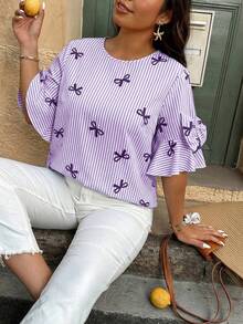 Weeklong Plus Size Striped Bow Print Decorative Butterfly Shirt, Random Print - Multicolor - View 1