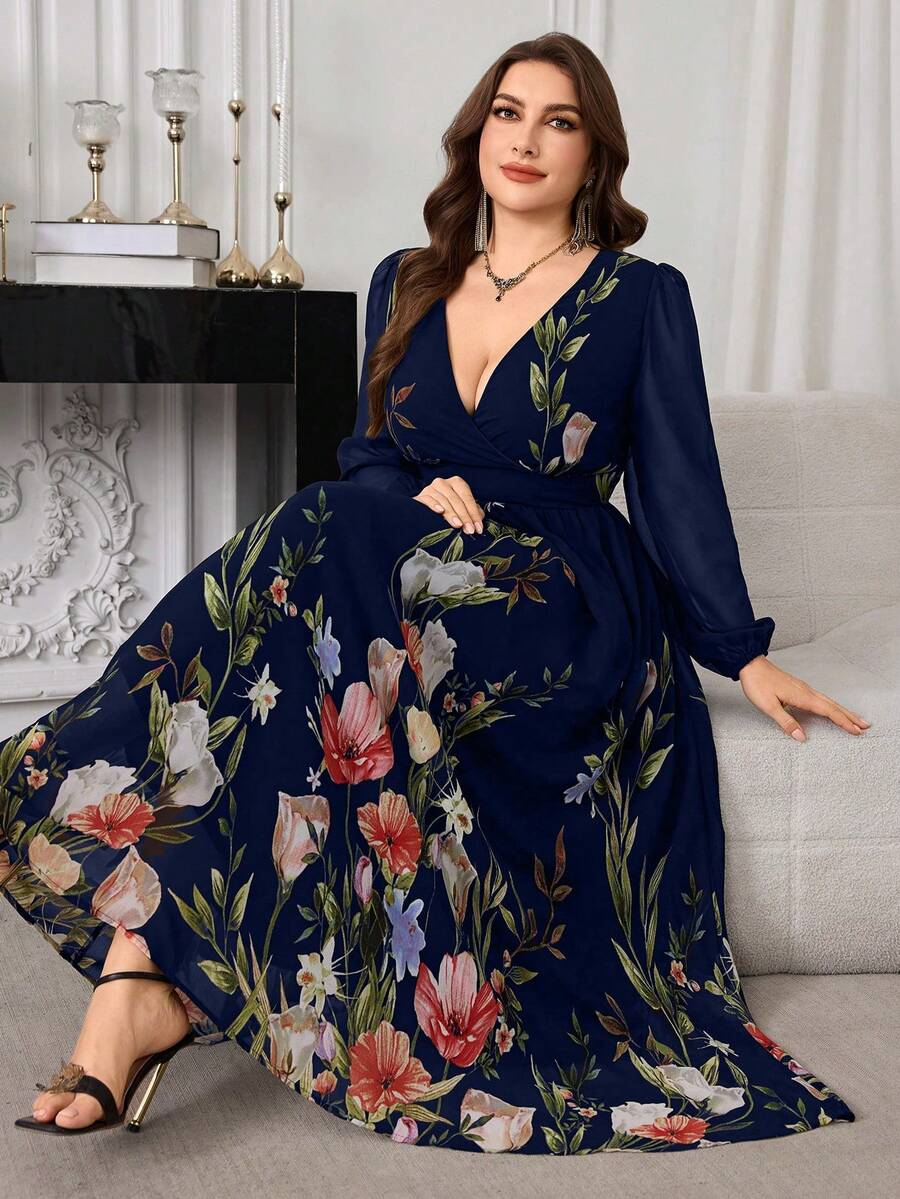 Modelyn Plus Size Women's Elegant Floral Print Cross V-Neck Long Sleeve Chiffon Ruched Waist Slim Fit Romantic Maxi Dress - Multicolor - View 1