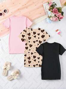 SHEIN Elladie kids 3件套女童休闲时尚创意个性清新可爱简约豹纹花卉蝴蝶结爱心波点樱桃爱心花卉蝴蝶结图案印花短袖T恤裙三件套，粉色和黑色，舒适日常穿着，温暖的夏秋款式，适合春、夏、秋季穿着。 - 彩色 - 查看 2