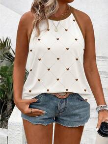 Áo camisole mùa hè cỡ lớn, kiểu dáng thường ngày, in hình trái tim, viền ren. - Nhiều màu - Xem 3